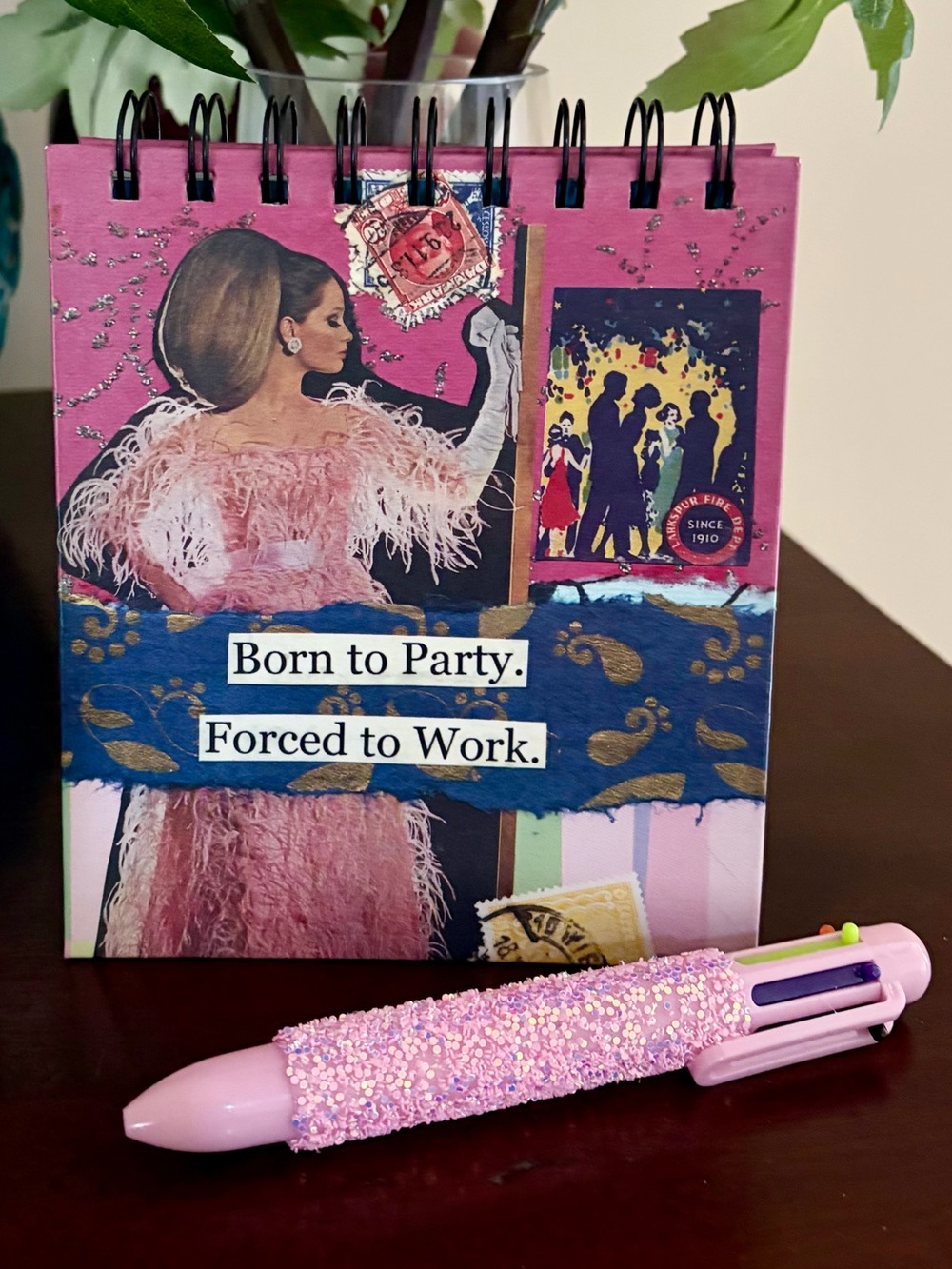 New “Born to Party Forced to Work” spiral notebook and multicolor glitter pen